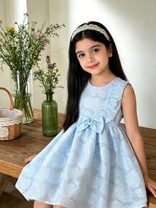 Elladie kids Young Girl Summer Elegant Bowknot Decor Cutout Ruffle Hem Sleeveless Dress - Blue - View 1