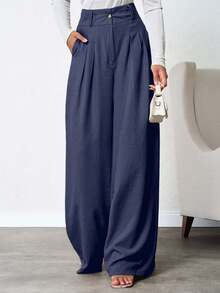 SHEIN Tall Quần vải lanh xếp ly sâu màu trơn cho nữ - Màu xanh hải quân - Xem 5