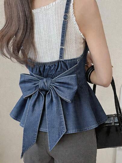 FRIFUL 女士纯色打结休闲时尚吊带牛仔上衣