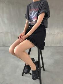 FRIFUL 女士夏季休闲网纱刺绣荷叶边短裤 - 黑色 - 查看 5