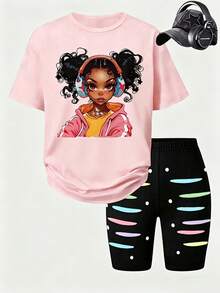 SHEIN ChillGRL 2件套少女时尚街头风印花舒适短袖T恤和紧身印花短裤，适合休闲外出穿着 - 粉色 - 查看 4