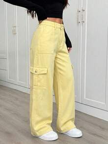 SHEIN PETITE 女款口袋鈕扣休閒牛仔褲，適合日常穿著，小碼女款 - 鵝黃色 - 查看 3