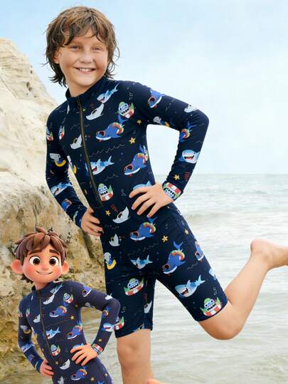SHEIN Boys' Casual All-Over Print Snug Fit One-Piece Swimsuit