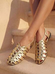 Swim Chiccia 女士时尚休闲编织镂空透气罗马平底凉鞋 - 金色 - 查看 2