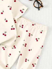 Cream White, Cute Mini Cherry Minimalist Sweet Letter Graphic, Young Girl Casual Loose Round Neck Short Sleeve T-Shirt And Leggings Set, Suitable For Spring & Summer Daily Wear, Farm, Picnic, Outing, Vacation, Homecoming, Back To School - Multicolor - View 5