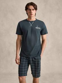 EverLounge Men Letter Graphic Tee & Plaid Shorts PJ Set / Pajama Set - Dark Green - View 1
