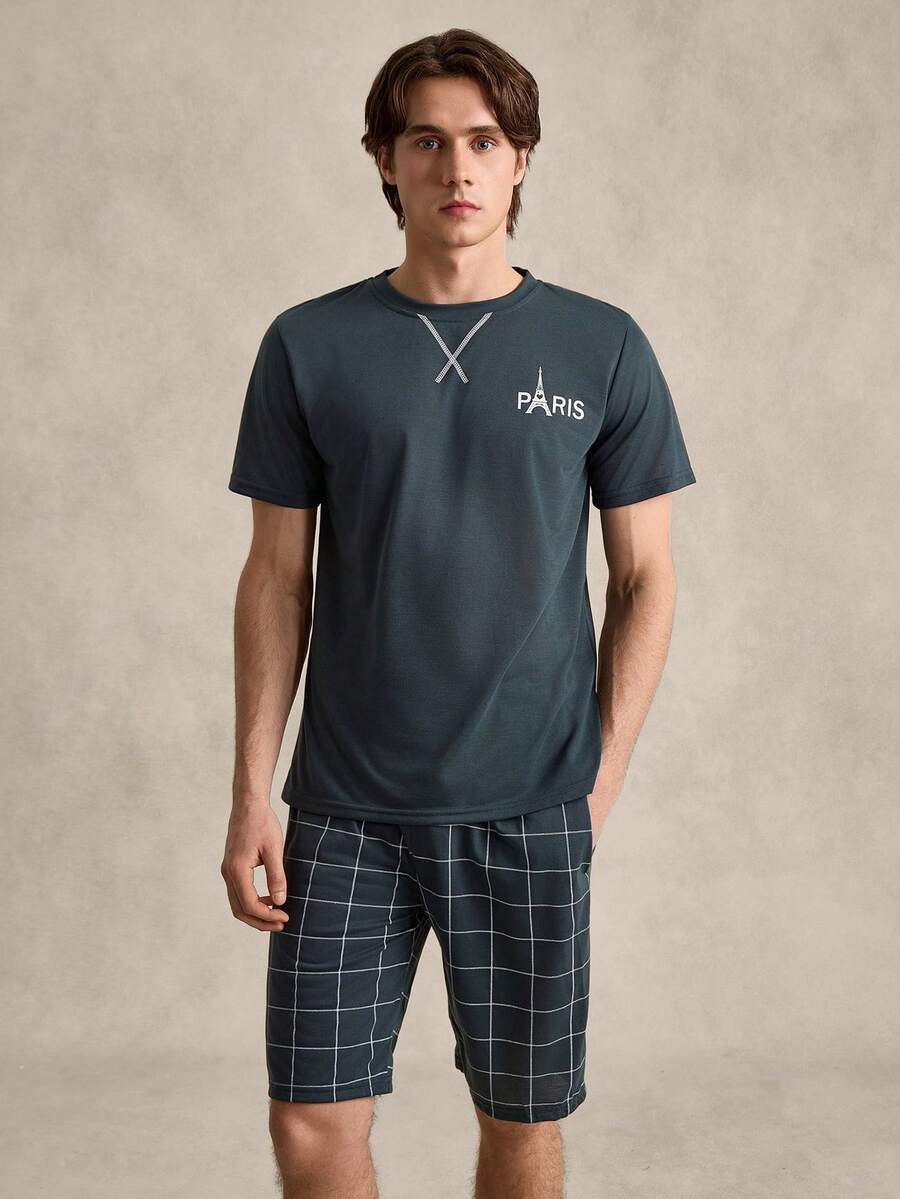 EverLounge Men Letter Graphic Tee & Plaid Shorts PJ Set / Pajama Set - Dark Green - View 1