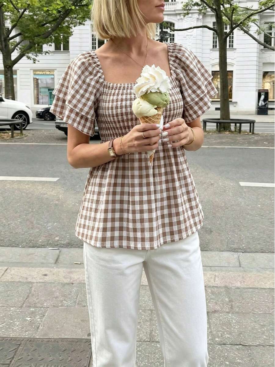 Pariaura Áo kiểu nữ casual kẻ caro tay bèo nhún cổ vuông dáng peplum - Áo babydoll tay phồng eo chun dễ thương mùa hè - Nhiều màu - Xem 1