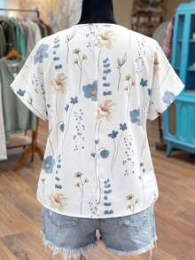 Linhara Plus Size Women Floral Print V-Neck Batwing Sleeve Blouse - Multicolor - View 2