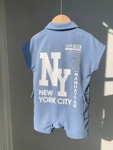 SHEIN 新生儿男女宝宝黑色字母印花翻领短袖连体衣，春夏时尚装扮 - 霧霾藍 - 查看 4