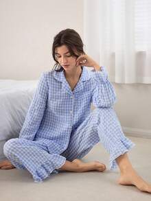 Ocili 波西米亚风印花棉质灯笼袖女士睡衣套装 - 藍白色 - 查看 7