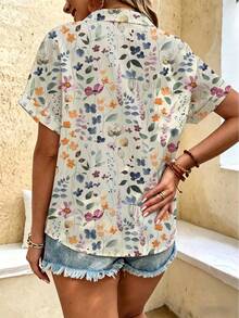 EMERY ROSE Plus Size Women's Short Sleeve Top, Ditsy Floral Beige Boho Style Design, Perfect For Summer, Vacation, Holiday, Spring, Machine Washable Daily Wear Top - Multicolor - View 2