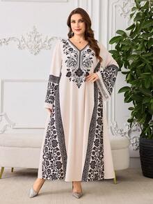Al Najma Vestido árabe holgado con estampado floral elegante para mujer de talla grande, adecuado para bodas y fiestas - Albaricoque - Ver 4