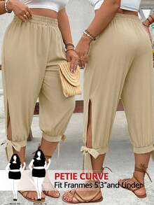 SHEIN PETITE CURVE Plus Size High Waist Drawstring 3/4 Casual Soft Form Boho Pants, Versatile Spring/Summer Beige Beach Vacation - Khaki - View 1