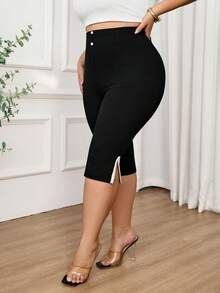 SHEIN CURVE+ 女士纯色长裤，夏季时尚之选 - 黑色 - 查看 6