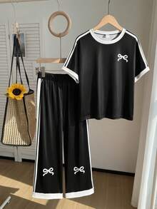 Tween Girls Casual All-Match Versatile Daily Wear Black & White Contrast Trim Round Neck Raglan Sleeve T-Shirt + Straight Leg Knit Pants Set - Black - View 3