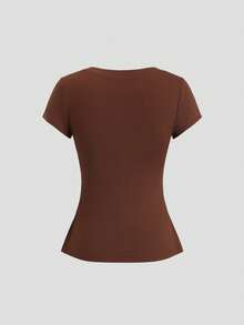 Sweetra Áo crop top ngắn tay cổ chữ V kiểu Pháp cổ điển, chất liệu lưới thêu họa tiết, thắt eo, gợi cảm dành cho nữ, thích hợp mặc mùa hè. - Cà phê nâu - Xem 2