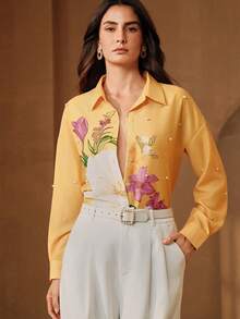 Anewsta 刺绣泡泡珠花卉印花设计时尚宽松休闲女式衬衫 - 黃色 - 查看 5