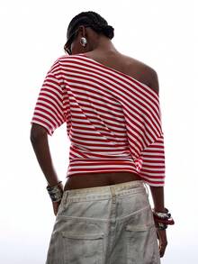 LYSMO Women's Summer Fashion Striped Rhinestone Letter Pattern Asymmetric Neck Tie T-Shirt - Red and White - View 2