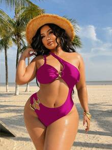SHEIN Swim SXY Áo tắm liền thân cỡ lớn dành cho nữ, màu nâu trơn, kiểu dáng bất đối xứng với dây đeo vai, phong cách thường ngày đi nghỉ mát. - Màu tím - Xem 3