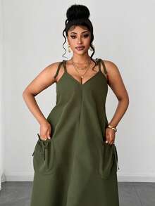 SHEIN CURVE+ Plus Size Spaghetti Strap Casual Lace-Up Solid Color Retro Elegant Dress - Army Green - View 2