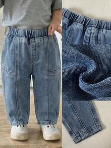 Toddler Boys' Soft Cotton Casual Loose Fit Washed Denim Jeans, Elastic Waist, Tapered Leg, Suitable For Daily Wear And Vacation, Summer - Blue - View 6