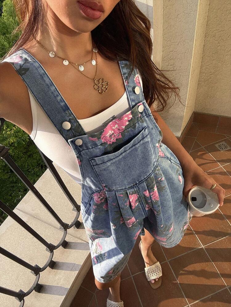 Women's Loose Fit All-Over Floral Print Denim Jumpsuit And Bib Pants