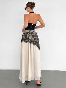 Siren Gaze Đầm maxi xòe bằng chiffon phối ren tương phản thanh lịch dành cho nữ - Màu be - Xem 3