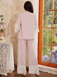 Côtesoire Romantic French Elegant Lace Women Pajama Set - Pink - View 2