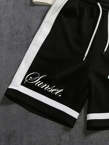 Manfinity ZONE917 Men's Vacation Palm Tree Letter Print Short Sleeve Casual Loose Knit T-Shirt And Drawstring Waist Shorts Set - Black - View 4