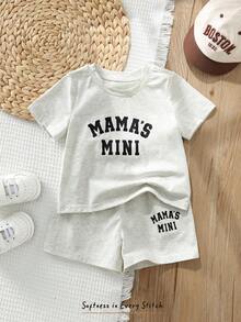 Cozy Pixies Bộ 2 món gồm áo thun ngắn tay cổ tròn in chữ và quần short cạp chun cho bé trai và bé gái, trang phục thường ngày mùa xuân/hè. - Xám - Xem 8