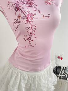 Elamini Retro Chinese Style Printed Stand Collar Button Slim Fit Summer T-Shirt For Women - Pink - View 6