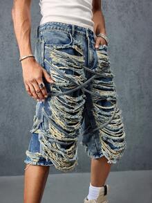 Street Life Spring/Summer Casual Graphic Men'S Distressed Denim 3/4 Length Blue Shorts - Blue - View 7