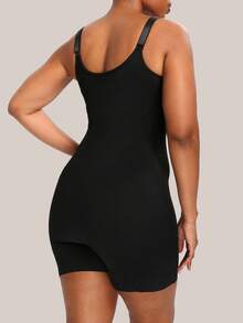 Plus Size Women Solid Color V-Neck Sleeveless Fitted Bodysuit - Black - View 2