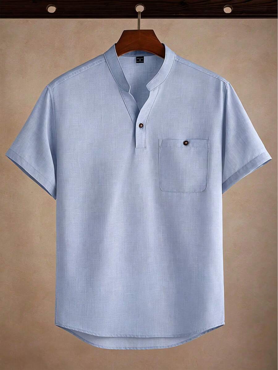 Core Aspect 2026 Spring/Summer Men's Light Blue Linen Blend Henley Shirt, Short Sleeve Mandarin Collar Loose Fit Casual Top With Chest Pocket For Daily Wear & Vacation - Blue - View 1