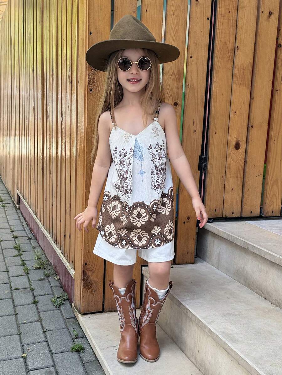 Áo hai dây in họa tiết cho bé gái, áo không tay mặc thường ngày mùa hè (size nhỏ) - Màu be - Xem 1