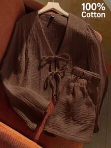 SHEIN EZwear 女士棕色休闲系带长袖上衣和短裤家居服套装 - 棕色 - 查看 1