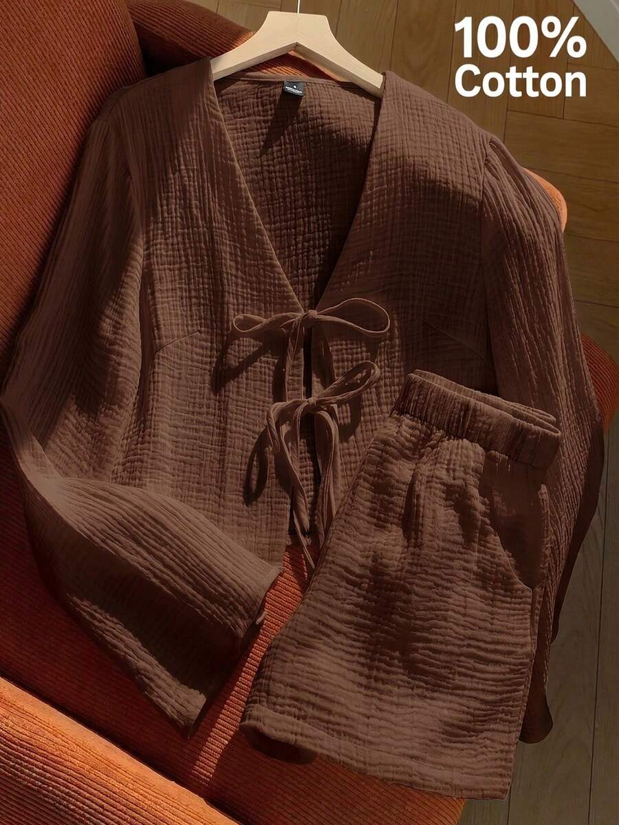 SHEIN EZwear 女士棕色休闲系带长袖上衣和短裤家居服套装 - 棕色 - 查看 1