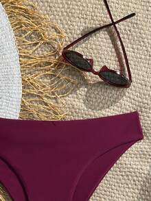Swim Basics 女士纯色时尚比基尼泳裤，适合海滩度假 - 中紫紅色 - 查看 4