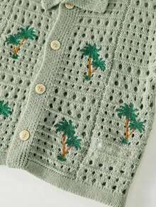 2pcs Young Boys Casual Vacation Palm Tree Crochet Texture Polo Collar Cardigan And Shorts Set, Comfortable And Versatile - Green - View 3