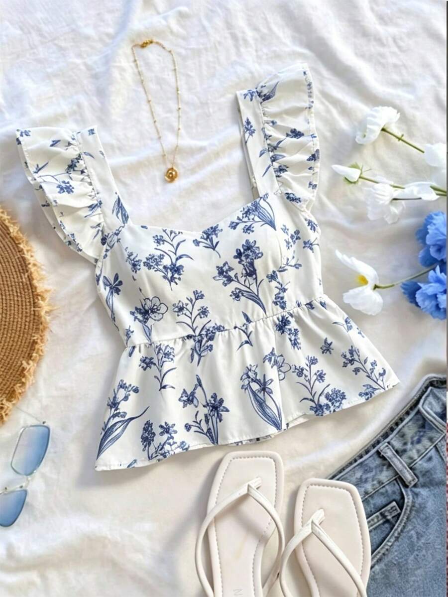 SHEIN Franclia INS Casual Vacation Cap Sleeve Women Shirt - Blue - View 1