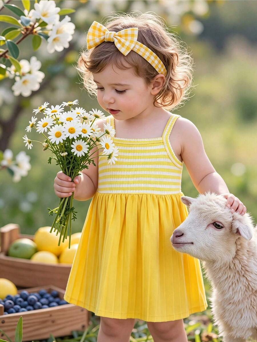 SHEIN Playful Pals 女婴吊带A字连衣裙。这款连衣裙采用吊带设计,简约优雅。A字裙摆更添活泼可爱之感。宽松版型适合各种身材。适合夏季海滩度假、户外野餐以及休闲外出等活动,让宝宝在享受轻松自由时光的同时,展现她们独特的魅力。 - 黃色 - 查看 1