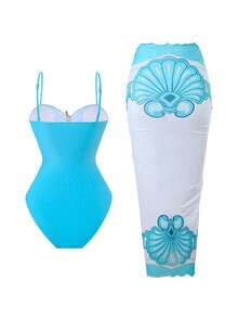 Swim Oasis 女士夏季沙滩度假镂空海星装饰褶皱连体泳衣，带系带长裙 - 薄荷藍 - 查看 2
