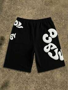 Manfinity EMRG 男士字母印花抽绳腰带口袋短裤 - 黑色 - 查看 2