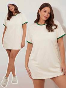 SHEIN BASICS 大码夏季休闲撞色滚边迷你连衣裙 - 綠色 - 查看 2