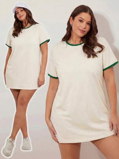 SHEIN BASICS Đầm ngắn mùa hè cỡ lớn, kiểu dáng thường ngày, phối màu, viền ren.