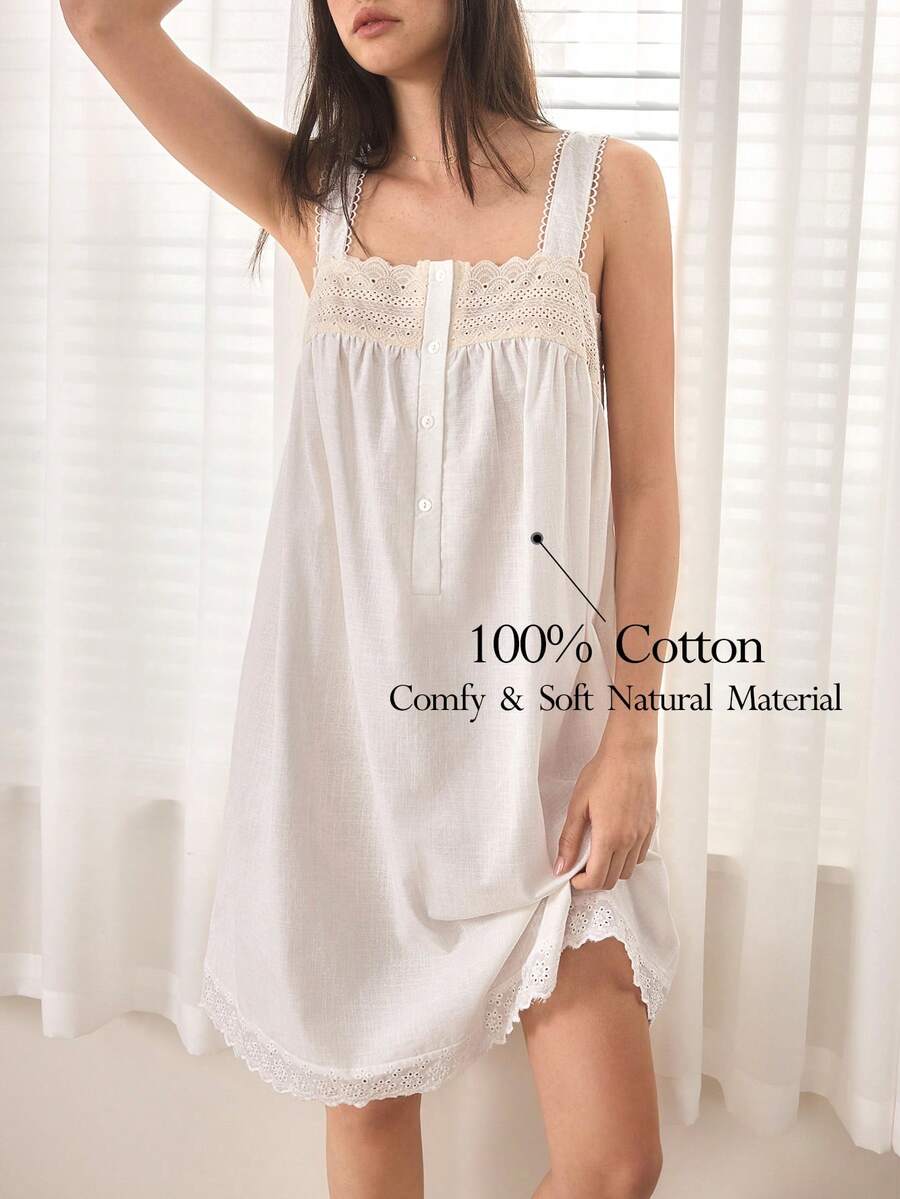 Ocili 女士花卉刺绣镂空贝壳纽扣设计睡裙吊带家居服 - 白色 - 查看 1