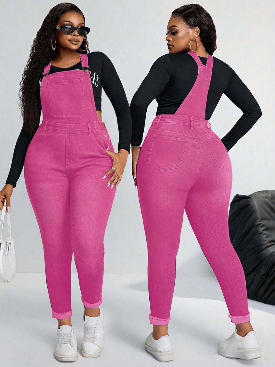 SHEIN SXY Plus Size Women Pocket Distressed Skinny Casual Bib Overall Jumpsuit - Pink - View 1