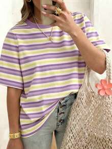 EMERY ROSE 女士条纹短袖T恤，休闲户外服，可爱T恤，家居服 - 彩色 - 查看 3