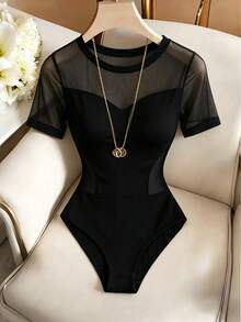 Elenzga 女士优雅黑色网纱拼接圆领短袖修身连体衣，春夏款 - 黑色 - 查看 4